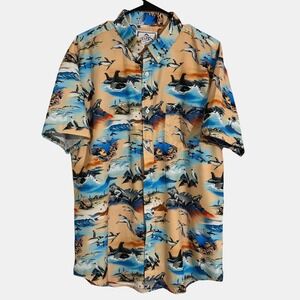 RSVLTS Galapagos Button Down Shirt Mens XL Orange Blue Kunuflex Short Sleeve